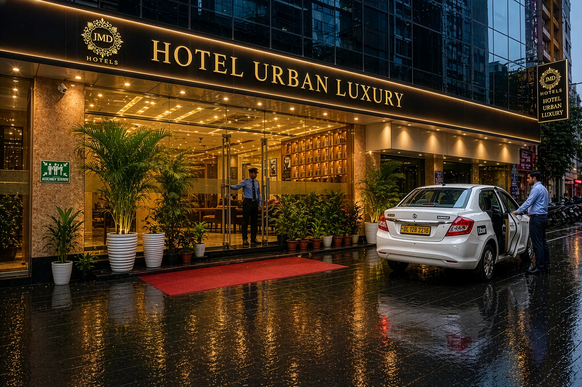 Hotel Urban Luxury facade at dusk, Pravakar's Hospitality